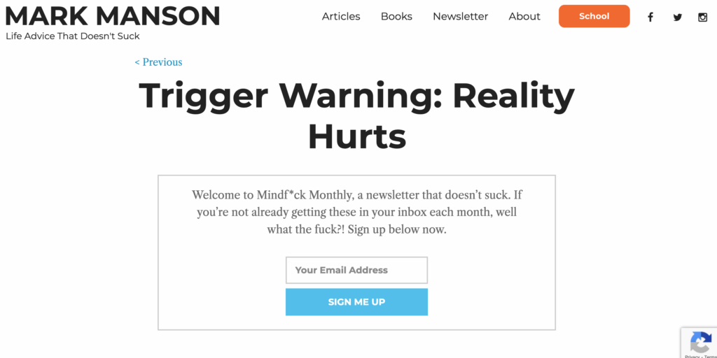 ScootyDub newsletter Trigger Warning Reality Hurts Mark Manson