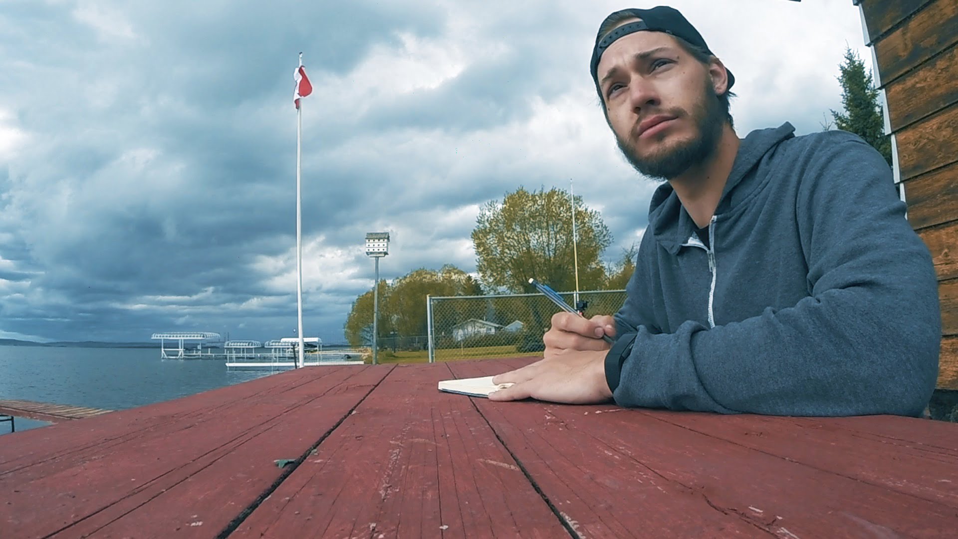 ScootyDub journaling at Wabamun Lake