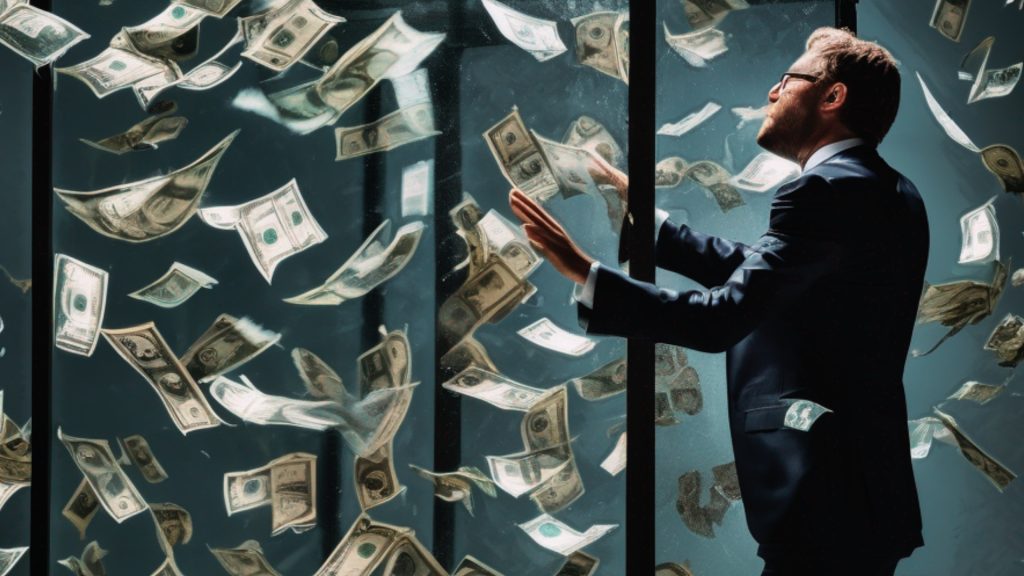 AI businessman in a cash tornado