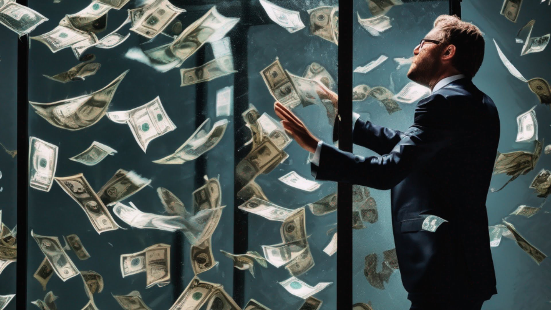 AI businessman in a cash tornado
